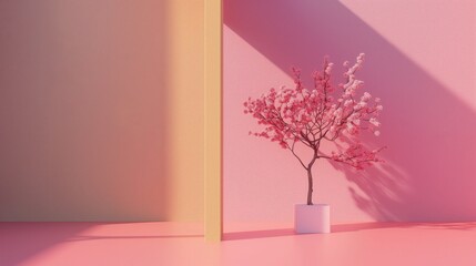 Małe drzewko umieszczone w białej wazie na różowej podłodze. Obraz przedstawia prosty i minimalistyczny układ, z naciskiem na kształty, linie i kolory. - obrazy, fototapety, plakaty