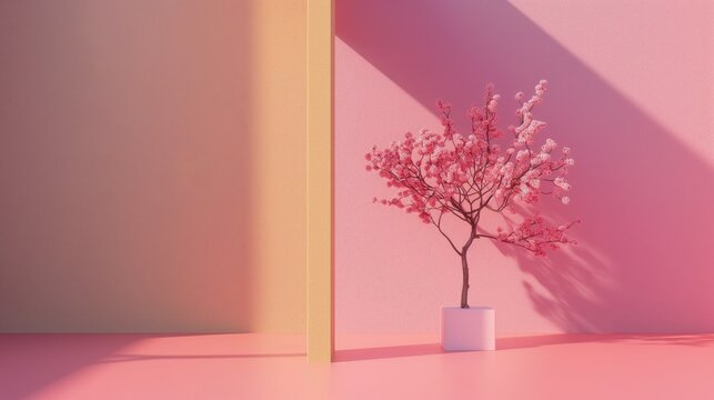 Małe drzewko umieszczone w białej wazie na różowej podłodze. Obraz przedstawia prosty i minimalistyczny układ, z naciskiem na kształty, linie i kolory.