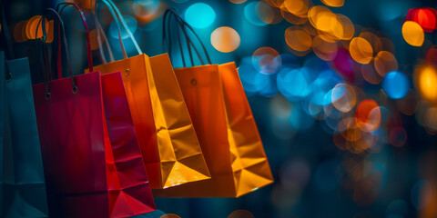 Colorful banner of shopping bags on a dark background with bokeh lights, creating an atmosphere of festive celebration and a special package sale - obrazy, fototapety, plakaty