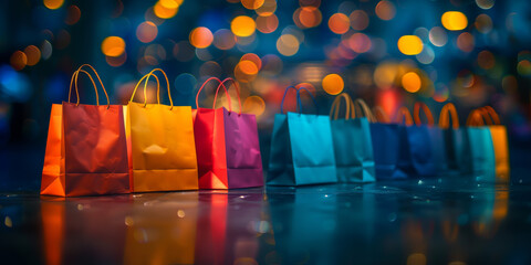 Colorful banner of shopping bags on a dark background with bokeh lights, creating an atmosphere of festive celebration and a special package sale - obrazy, fototapety, plakaty