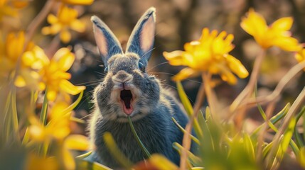 Na wiosennym polu żółtych kwiatów królik ziewa, prezentując śmieszną i dynamiczną scenę, zajadając trawę. - obrazy, fototapety, plakaty