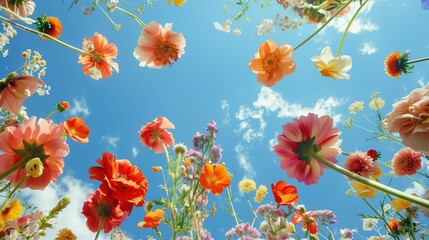 Widok z dołu na kwitnące kwiaty na łące na tle czystego wiosennego nieba, tworząc widoczny kontrast. - obrazy, fototapety, plakaty