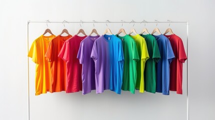 row of colorful tshirt hanging on a horizontal pole in a bright airy white wall based shop