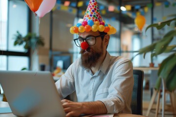 Serious concentrated funny manager in party hat and clown nose typing on laptop in modern office