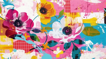 Obraz przedstawia kolorowe kwiaty na jasnoróżowym tle. Kwiaty są namalowane w stylu pop-art, nawiązującym do wiosny. - obrazy, fototapety, plakaty