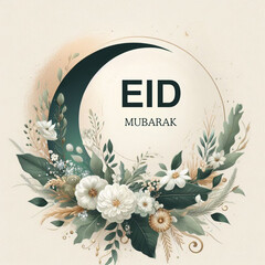 Eid Mubarak card with crescent moon, and floral decor