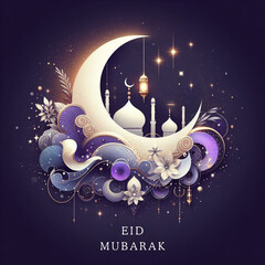 purple Eid Mubarak greeting card with crescent moon, mosque, lantern and floral decor