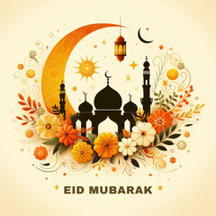 islamic eid mubarak festival card with floral decoration