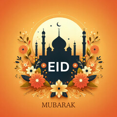 islamic eid mubarak festival card with floral decoration and silhouette mosque