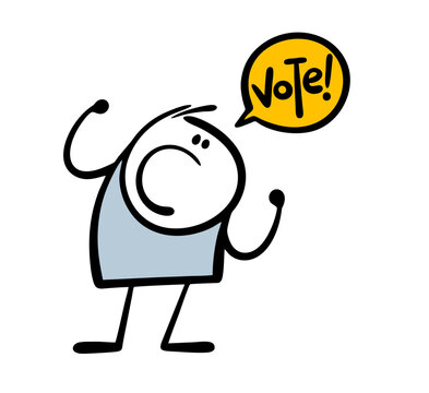 Rude boss shouts, sends him to vote for the president in the elections. Vector illustration of a strict character, waving his fists, opened his mouth. Isolated stickman hand drawn on white background.