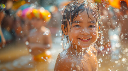 A delighted cute kid partakes in the lively street festivities of Thailand's Songkran Festival, engaging in a playful water fight with a water gun.