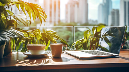 Desktop with laptop, coffee cup and tropical plant in front of a window in a big city with morning sunlight. Generative AI.
