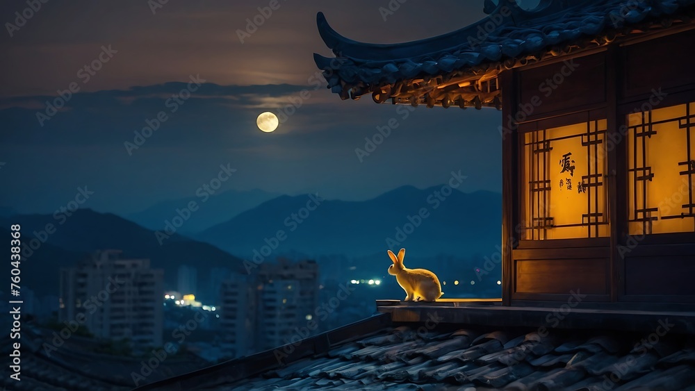 Wall mural rabbit sitting on the roof of the house in the moonlight