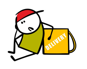 Doodle young delivery service employee lost his way. Vector illustration of a problem at work, a courier in cap fell, sits on the ground, holds a box. Isolated character on white background.