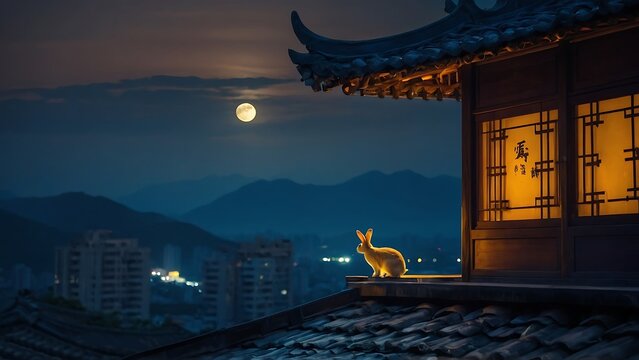 Rabbit sitting on the roof of the house in the moonlight