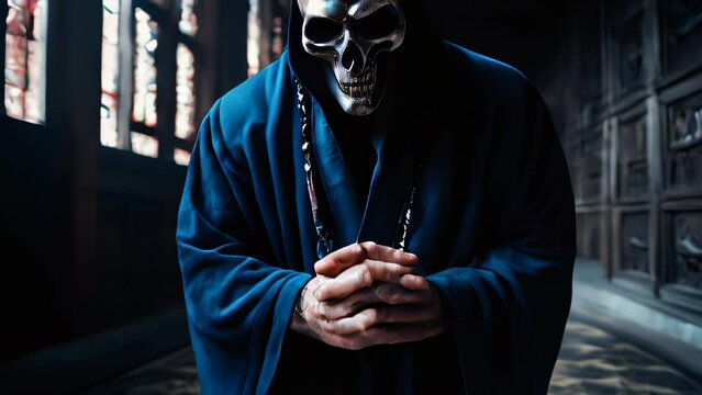 Figure in a mask poised in prayer, featuring a dark background and a blue hooded cloak.
