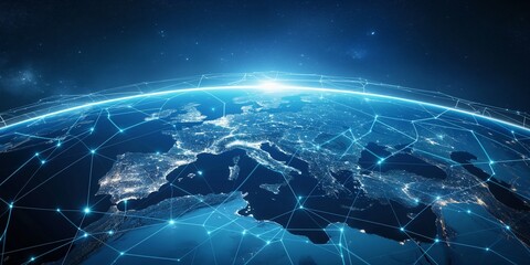 The idea of a global network and connectivity on Earth, data transfer and cyber technology, information exchange and international telecommunication, and the digital globe centered on Europe - obrazy, fototapety, plakaty