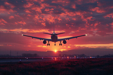 A commercial airplane landing or taking off during sunset, air travel, vacation plans concept