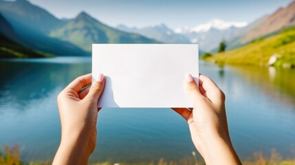 Womans hands holding a blank white card, against the backdrop of a summer panoramic landscape with lake, mountains and sunny blue sky. Layout concept for postcard, travel invitation. Generated AI.