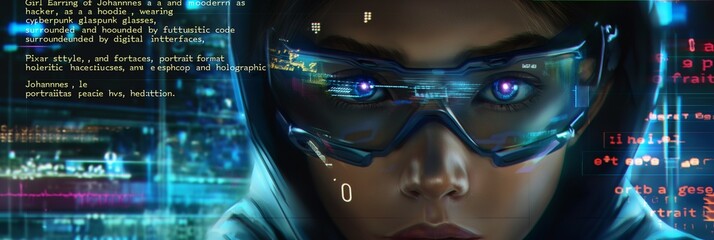 A girl holding a pearl Imagine Johannes Vermeer as a contemporary hacker, surrounded by digital code and holographic interfaces, dressed in a hoodie and futuristic cyberpunk glasses.