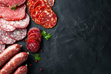 Assorted Dry Cured Salami and Sausage Slices on Black Texture