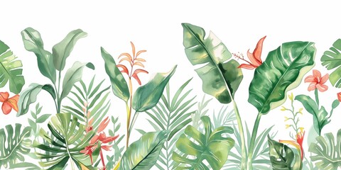 Tropical plants drawn by hand in watercolor on a white background