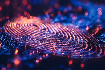 Intricate Fingerprint Overlay on Digital Circuit Board in Dim Light