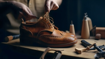 Craftsman make shoe from grain leather on workplace. Shoemaker performs shoes in studio craft - obrazy, fototapety, plakaty
