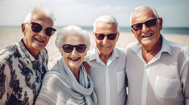 Group of happy retired old people on beach summer relax. Pensioners smiling, friendship forever concept