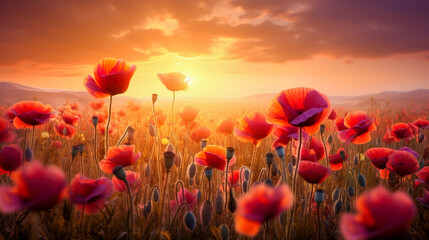 Obraz premium Panoramic view of the sunlight or sunset over the mountains, with a field of bright red poppies with magic light. Generated AI. Beautiful layout for a postcard