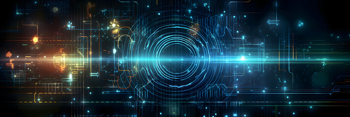 Abstract technology banner background, Network light effect, blue and orange color. Concept visualization of sound waves. Generation AI. - obrazy, fototapety, plakaty