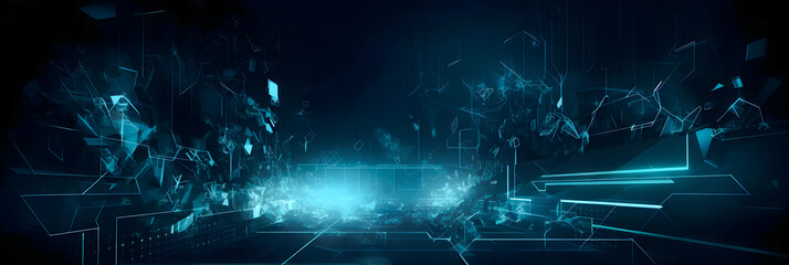 Naklejka premium Abstract technology banner background, Network light effect, blue and orange color. Concept visualization of sound waves. Generation AI.