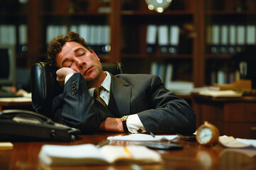 A man asleep at the office desk, quiet quitting concept