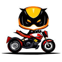 A cartoon illustration of a masked character riding a red motorcycle.