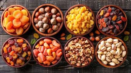 Obraz premium Variety of Dried Fruits and Nuts in Terra Cotta Bowls on Rustic Wooden Background, Healthy Snack Options