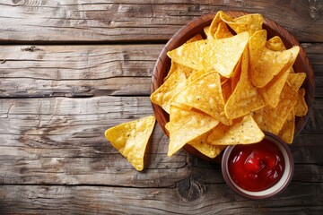 Tortilla Chips with Tomato Sauce on Rustic Wooden Background, Top View