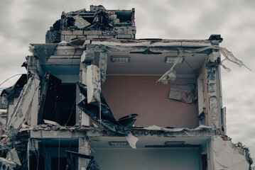 destroyed and burned houses in the city during the war in Ukraine