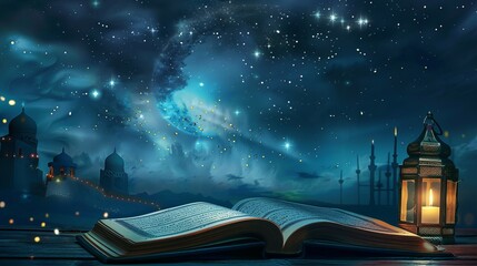 An open book of the Koran against the backdrop of the night starry sky represents peace and spiritual practice during Ramadan. - obrazy, fototapety, plakaty