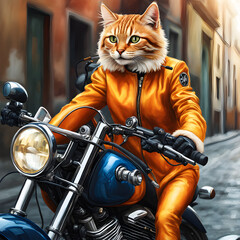 I couldn't believe my eyes when I saw a cat riding a motorbike down the street. The little feline was decked out in a tiny helmet and a cute biking jacket, looking totally cool and confident as it zip - obrazy, fototapety, plakaty