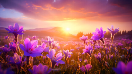 Panoramic view of the sunlight or sunset over the mountains, with a field of vibrant purple wildflowers and poppies. Generated AI. Beautiful layout for a postcard - obrazy, fototapety, plakaty