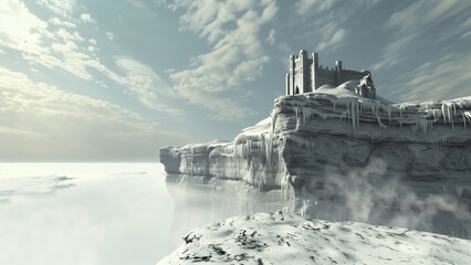 Snowbound Stronghold: A Castle Nestled on a Ridge in Winter - obrazy, fototapety, plakaty