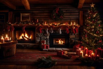 A cozy cabin room with a roaring fireplace and seasonal decorations.
