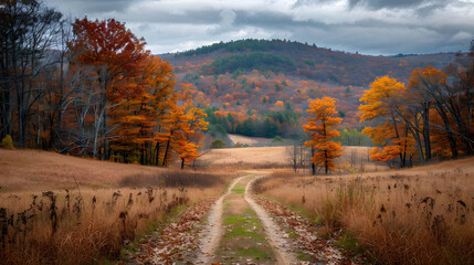 Naklejka premium A winding path meanders through a forest adorned with the fiery hues of autumn foliage, their vibrant colors ablaze under a subdued, overcast sky.