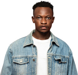 Young handsome African man wearing blue jean jacket PNG file no background 