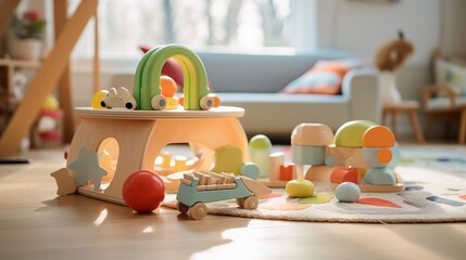 Playful teething toys scattered around a baby's play area, inviting exploration and sensory...