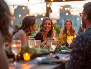 A scene unfolds atop a rooftop, where people gather amidst an elegant evening ambiance. Tables adorned with fine linens and flickering candlelight.