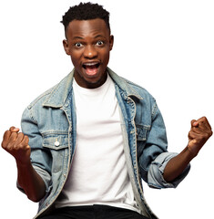 Ecstatic young African man clenching his fists with excited face PNG file no background 