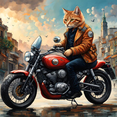 I couldn't believe my eyes when I saw a cat riding a motorbike down the street. The little feline was decked out in a tiny helmet and a cute biking jacket, looking totally cool and confident as it zip - obrazy, fototapety, plakaty
