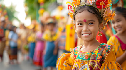 Amidst a festive cultural parade, a young girl beams with happiness as she proudly dons a vibrant traditional costume. - obrazy, fototapety, plakaty