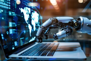 Futuristic Robotic Arm Typing on a Laptop Keyboard Against a Digital World Map Background